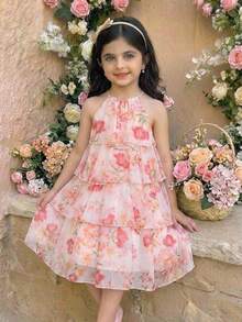 SHEIN Vestido midi de gasa con estampado floral, cuello halter, sin mangas y volantes, elegante y holgado para niña preadolescente - Rosa - Ver 8