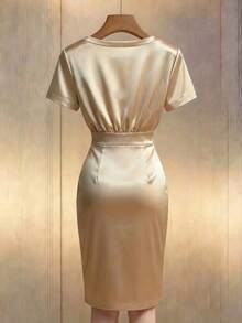 Franclia Satin Crepe Round Neck Beaded Puff Sleeve Waist Pleated Elegant Dress, Suitable For Summer Holiday, Elegant Party, Shiny Dress, Wedding Guest Dress - Apricot - View 2