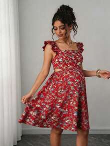 SHEIN Maternity Casual All-Over Print Vacation & Daily Wear Summer Dress - Burgundy - View 6