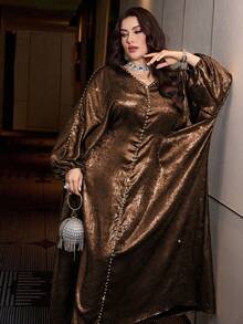 Modelyn Minimalist Solid Color V-Neck Diamond Decor Raglan Sleeve Loose Regular Spring/Autumn Plus Size Dress - Brown - View 5