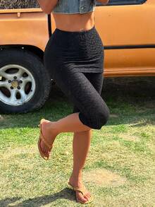 SHEIN EZwear 女士黑色二合一休闲针织七分裤 - 黑色 - 查看 4