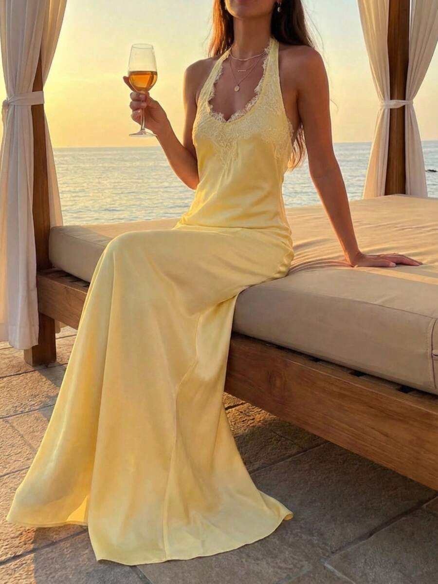 Aloruh Women's Solid Color Contrast Lace Elegant Halter Dress - Light Yellow - View 1