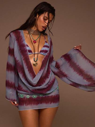 Musera Resort Tie Dye Chiffon Mesh Long Sleeve Plunge Cowl Neck Mini Dress Summer Swim Beach Vacation Everyday Sexy Cute Boho Travel Sunspell
