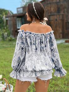 SHEIN LUNE 大码女式露肩碎花系腰灯笼袖派对/度假优雅长袖衬衫 - 藍色 - 查看 2