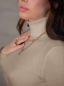 Hitanina 基础款高领罗纹针织毛衣（不含项链），长袖套头衫，秋冬季款 - 駝色 - 查看 3