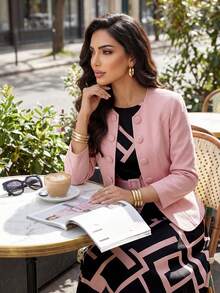 SHEIN Lady Bộ 2 món áo khoác trơn màu thanh lịch đi làm và váy không tay họa tiết hình học dành cho nữ - Nhiều màu - Xem 3