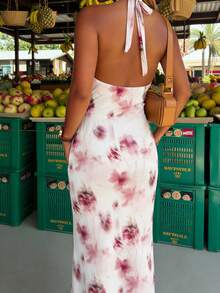 SHEIN Glamour Women's White And Pink Floral Backless Sleeveless Slim Maxi Dress,Bodycon Summer Casual Vacation Holiday Outfit For Beach,Wedding Party,Nightclub - Multicolor - View 2