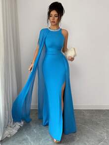 SHEIN Elenzya Women's Elegant Hollow Out Ruched Slit Flowy Dress Slit Dress Long Blue Dress One Shoulder Dress Elegant Occasion Dresses For Women Luxury Dresses For Women - Lake Blue - View 5