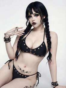 ROMWE Goth 女士纯色镂空装饰挂脖系带性感比基尼泳装套装，夏季沙滩 - 黑色 - 查看 3