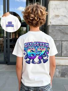Camiseta de manga corta con estampado gráfico de rayo, estrella y letra para niños preadolescentes, estilo casual y creativo con degradado de píxeles cibernéticos, cómoda para usar a diario en primavera, verano y otoño - Blanco - Ver 9