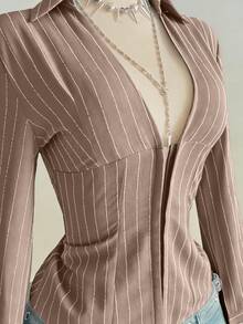 Elamini Spring/Summer V-Neck Striped Collar Fitted Button-Up Sexy Bodycon Long Sleeve Office Lady Blouse - Camel - View 5