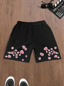 Manfinity RSRT 男士黑色短裤，饰以粉白樱花和日式樱花印花，日式风格，东方美学，休闲百搭，适合日常穿着、约会、夏季派对等场合。 - 黑色 - 查看 5