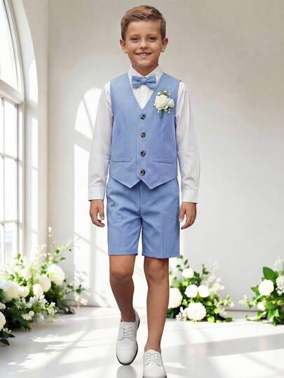 SHEIN Bộ 3 món trang phục lịch lãm và thoải mái dành cho bé trai tuổi teen, bao gồm áo vest màu be và quần short/quần dài, phù hợp cho mùa xuân/hè, mặc hàng ngày, dã ngoại, đi học, dự tiệc, kỳ nghỉ, chụp ảnh.