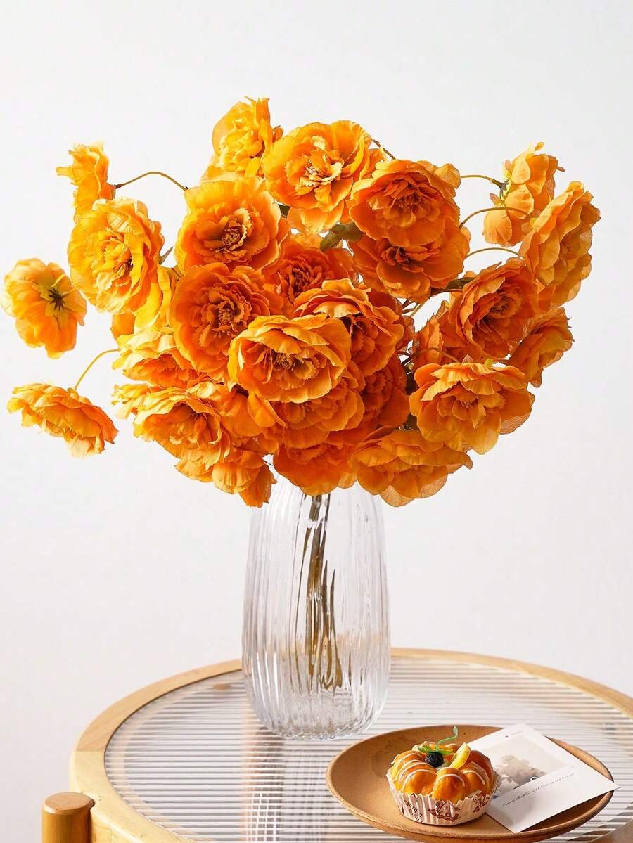 仿真花:丝质五瓣莲花和长茎牡丹,非常适合婚礼、活动装饰、DIY插花以及客厅、卧室和餐厅的家居装饰。 - 橘色 - 查看 1