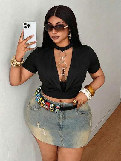 Maweii Plus Size Women's New Sexy Party Deep V-Neck Metal Ring Decor Fitted T-Shirt