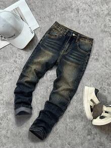 SHEIN Quần Jeans ống đứng đơn giản có túi tương phản dành cho bé trai Tween Boy - Rửa tối - Xem 2