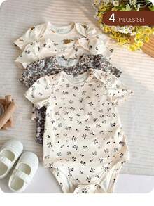SHEIN Bộ 4 món áo liền quần dệt kim họa tiết hoa nhí dễ thương cho bé gái sơ sinh, thích hợp mặc mùa hè. - Màu be - Xem 8