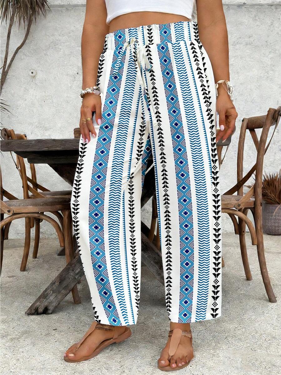 SHEIN VCAY Pantalones anchos de pierna ancha con cintura de lazo y patrón geométrico para mujer de talla grande - Multicolor - Ver 1