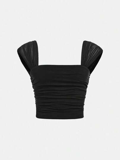 SHEIN Áo hai dây dáng ôm, màu trơn, cổ tròn, tay phồng, xếp ly, phối lưới, thích hợp cho bé gái tuổi teen, phù hợp đi học, tốt nghiệp, hoặc dự tiệc Halloween.