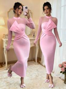 Selianne Đầm midi tay dài lưới thanh lịch màu hồng, đầm dự tiệc xẻ eo - Hồng - Xem 6