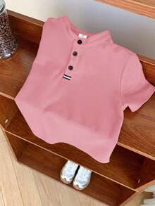 SHEIN 男童舒适纯色短袖POLO衫，休闲穿着，适合春夏季节，适合户外活动、上学、街头风、派对和休闲穿着，性价比高。 - 粉色 - 查看 5