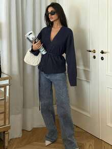 Ronhire Drop Shoulder Belted Cardigan,Long Sleeve Tops Business Casual Woman Work Clothes - Navy Blue - View 4