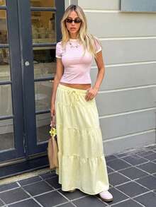 MainGRL Pale Yellow Women's Solid Color Ruffle Hem Textured A-Line Skirt - Light Yellow - View 3