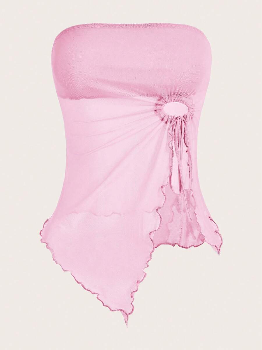 SHEIN ICON Drawstring Side Asymmetrical Hem Tube Asymmetrical Top - Baby Pink - View 1