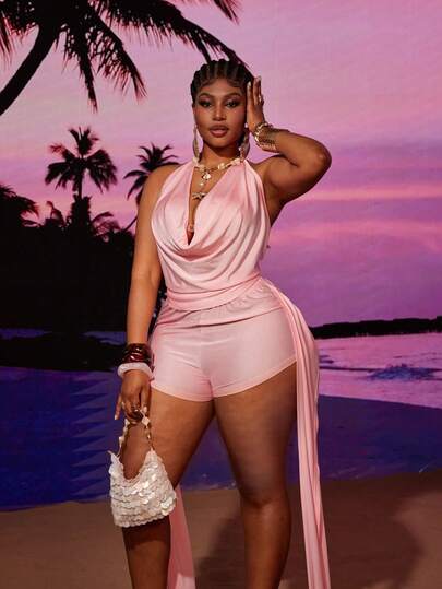 Maweii Plus Size Women 2pcs Set Draped Neck Backless Top And Shorts Set, Pink