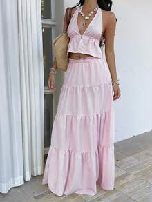 Sunnyshic Bộ đồ 2 món gồm áo crop top cổ yếm hở lưng chữ V sâu kẻ sọc vàng và chân váy xòe cạp thấp xếp ly, thanh lịch, lãng mạn, thích hợp cho kỳ nghỉ, tiệc tùng, phong cách tối giản, thường ngày. - Hồng - Xem 3