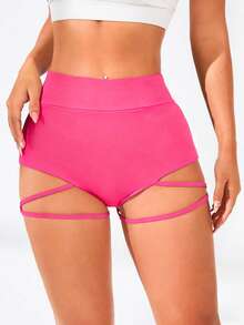 SHEIN Sports Solid Color Sexy High Waist Cut Out Sports Shorts - Pink - View 2