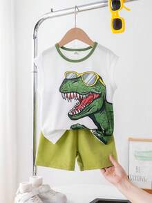 SHEIN Summer Cute Print Round Neck Sleeveless Top And Shorts Set - Green - View 1