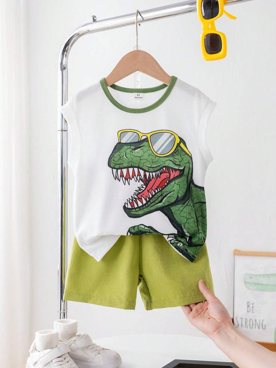 SHEIN Summer Cute Print Round Neck Sleeveless Top And Shorts Set - Green - View 1