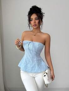 SHEIN Elenzya Top de mujer con escote bandeau, cintura con lazo y silueta evasé, de tela texturizada, para primavera/verano - Celeste - Ver 7