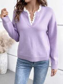EMERY ROSE French Elegant Neck Romantic Lace Pullover Sweater For Women - Mauve Purple - View 4