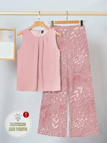 SHEIN Clasi 大码女式纯色褶皱圆领背心和印花阔腿裤宽松两件套 - 彩色 - 查看 1