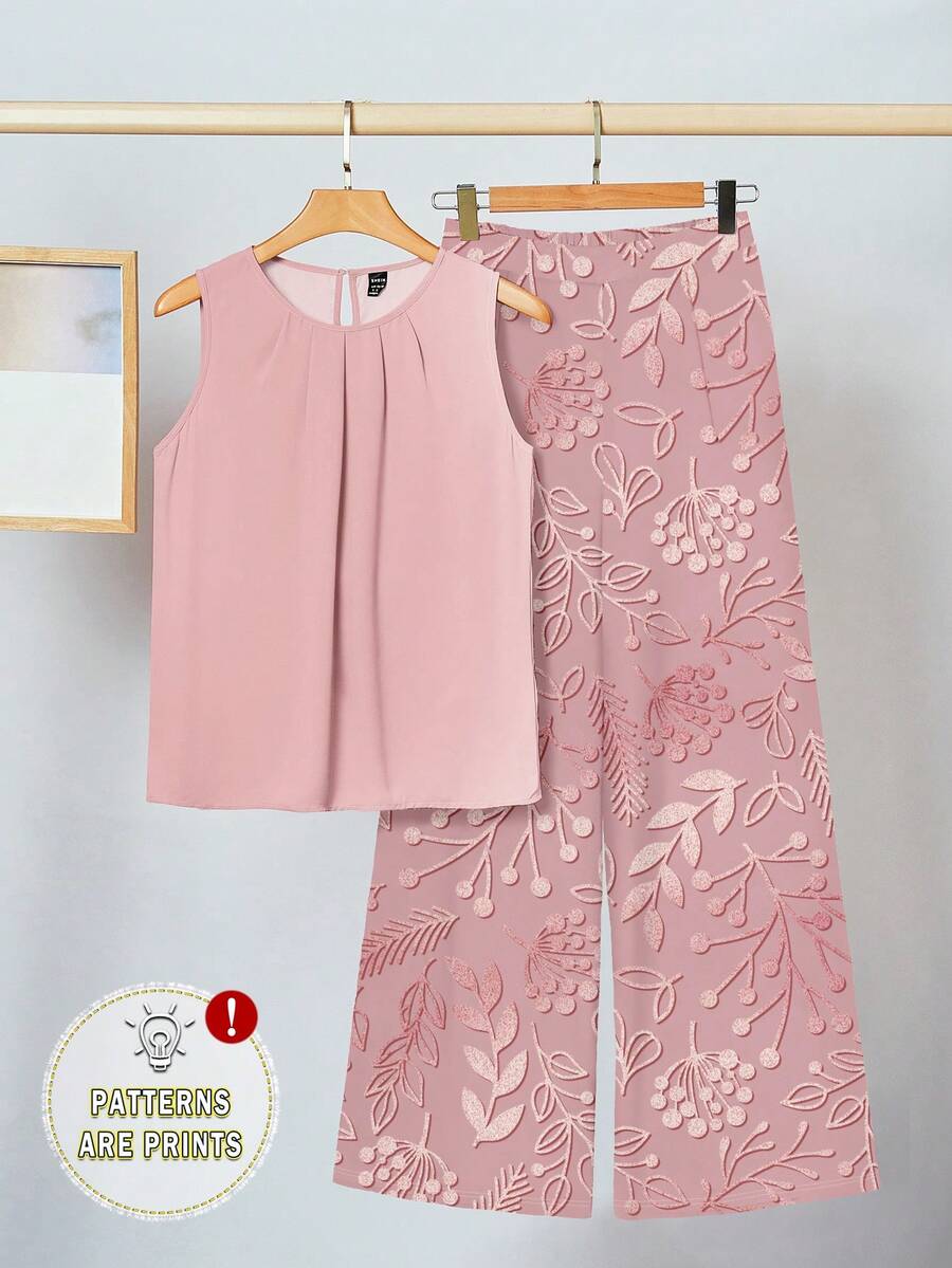 SHEIN Clasi 大码女式纯色褶皱圆领背心和印花阔腿裤宽松两件套 - 彩色 - 查看 1