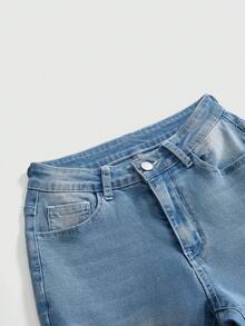 ROMWE 岛屿女孩热带串珠刺绣低腰紧身喇叭牛仔裤 - 淺色水洗藍 - 查看 8