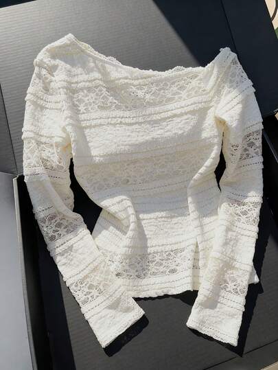 Modelyn Áo kiểu dáng ôm sát, thanh lịch, gợi cảm, lệch vai, chất liệu ren, khoét lỗ, tay dài, đa năng dành cho nữ.