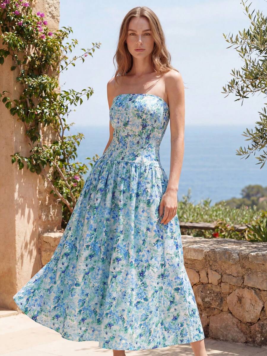 Đầm maxi không dây vai in hoa dành cho nữ - Nhiều màu - Xem 1