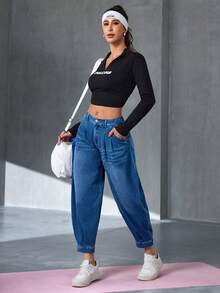 Flexra Women's Pleated Waist Belt Loop Casual Loose Fit Jeans Summer - Medium Wash - View 3