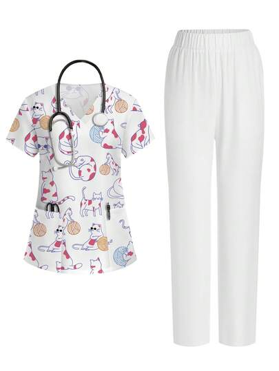 PopScrub 2件套猫咪毛线球卡通印花V领短袖口袋耳朵装饰开衩设计女装套装，春夏护士制服，白色休闲裤套装，制服套装