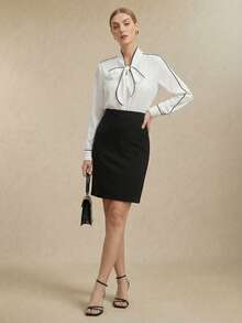 BizChic Falda negra con dobladillo elástico, vestimenta casual de oficina para viajes urbanos, atuendo profesional elegante para damas - Negro - Ver 1