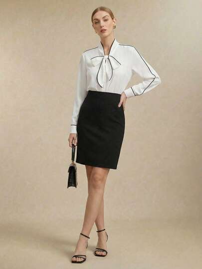 BizChic 女士黑色弹力下摆半身裙，都市通勤商务休闲办公装，优雅职业装