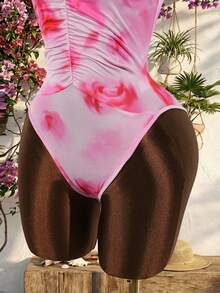 SaltGleam Pink Tie Dye Sexy Backless Halter Bodysuit For Beach Vacation - Pink - View 6