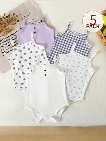 SHEIN 5pcs/Set Baby Girls' Summer Floral & Plaid Pattern Knit Sleeveless Rompers