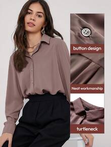 BizChic Women's Solid Color Lapel Cardigan Long Sleeve Drape Shirt, Basic Urban Commute Style, Simple Elegant Business Casual Outfit For Ladies, Teachers, Office Wear, Autumn - Dusty Purple - View 6
