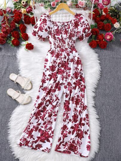 Sparklyn 女童印花连体衣，方领泡泡袖，夏季度假风