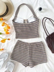 SHEIN Bộ đồ hai mảnh cho bé gái tuổi teen gồm áo hai dây và quần short siêu ngắn, màu hồng, chất liệu mềm mại, thích hợp cho kỳ nghỉ hè, ở nhà và các dịp thiếu niên. - màu đen - Xem 2