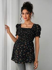 Momance Blusa elegante de maternidad con estampado floral diminuto y ajuste ceñido - Negro - Ver 4